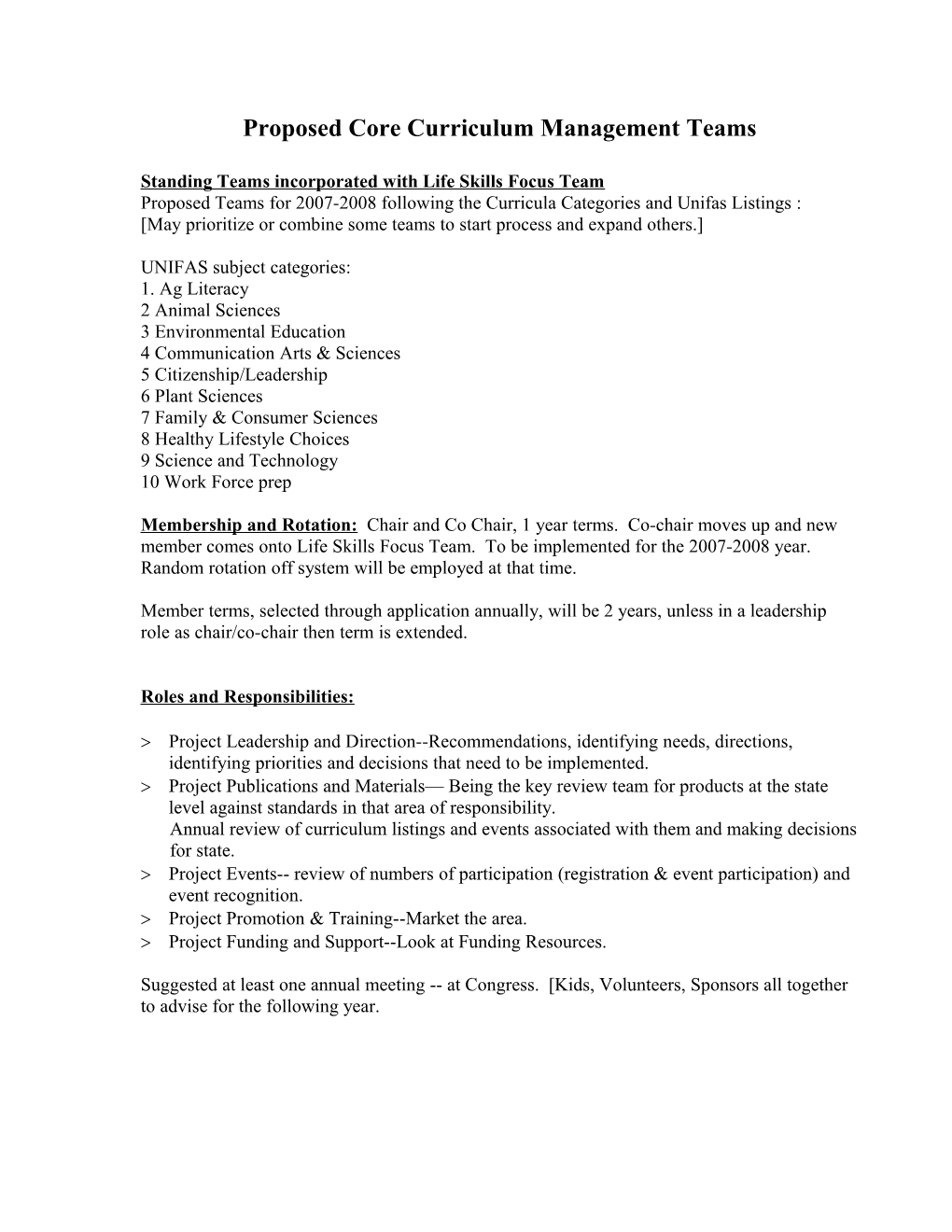 Proposed Core Curriculum Management Teams