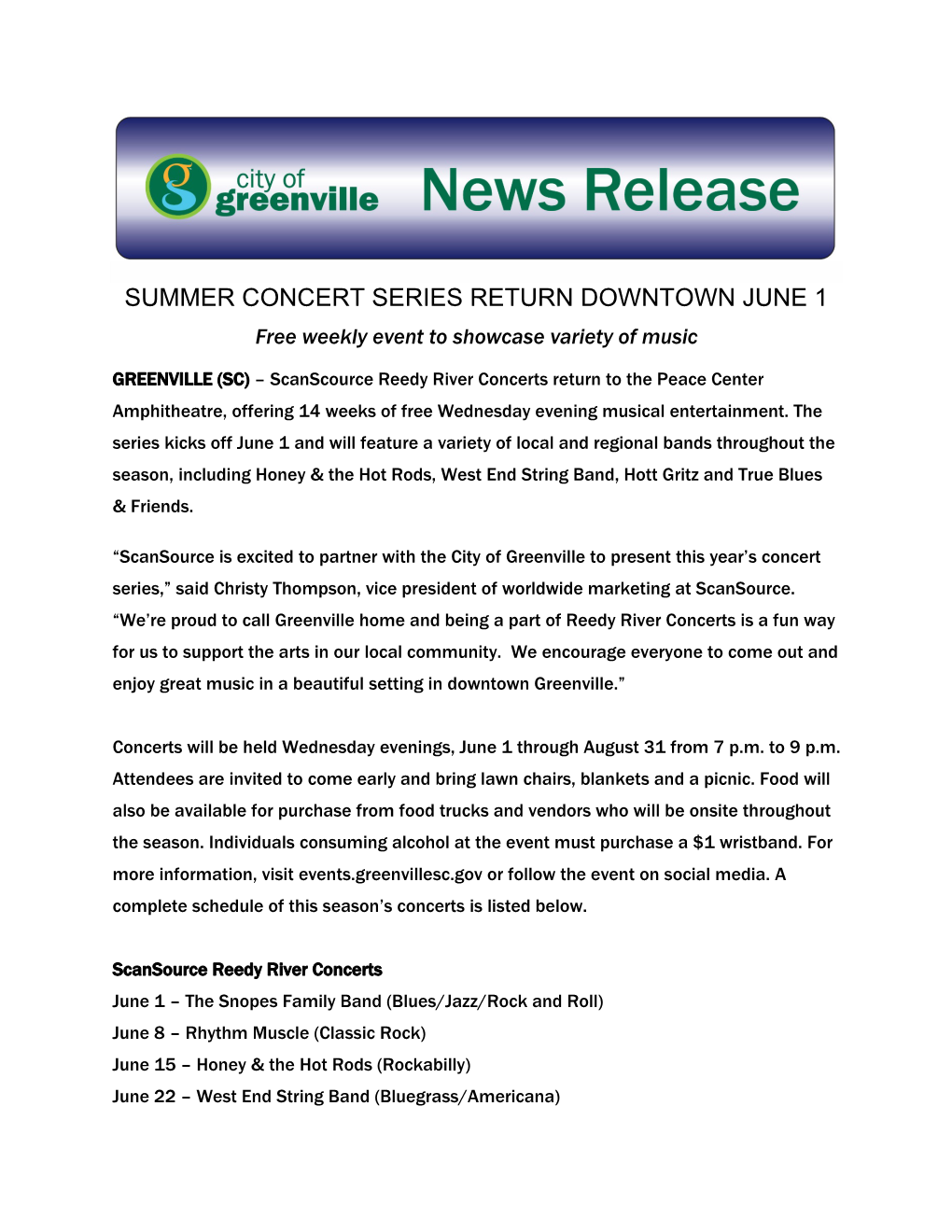 Summer Concert Series Return Downtown June 1