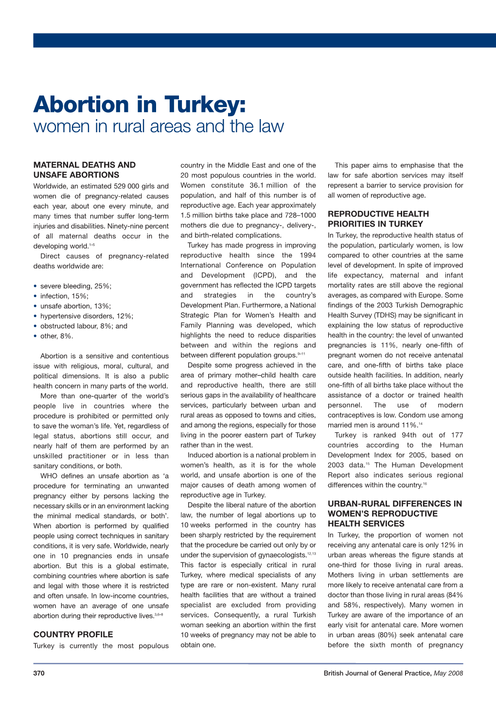 Abortion in Turkey: Women in Rural Areas and the Law