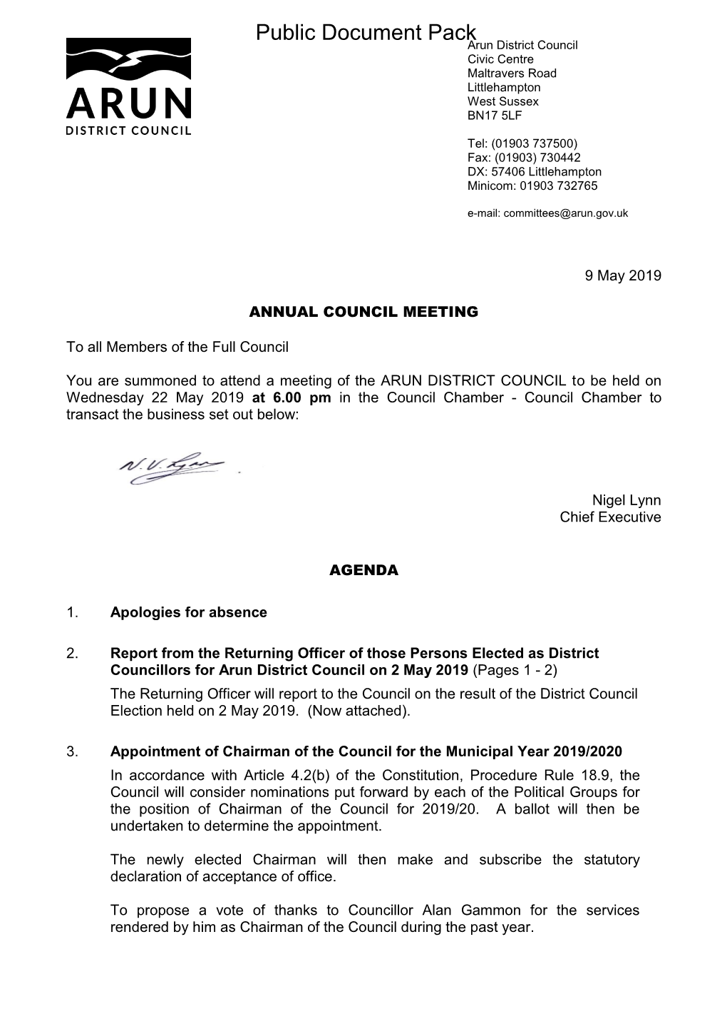 (Public Pack)Agenda Document for Full Council, 22/05/2019 18:00