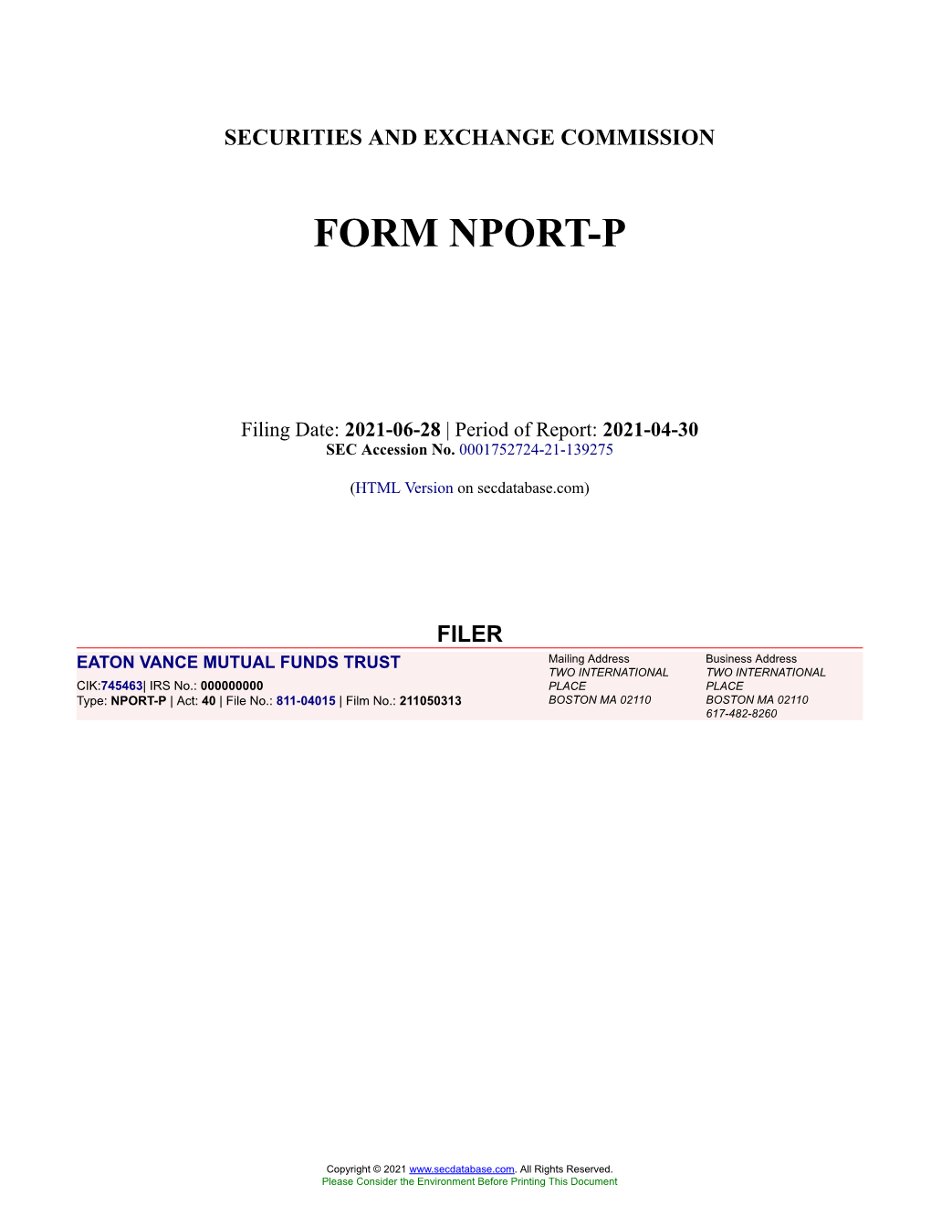 EATON VANCE MUTUAL FUNDS TRUST Form