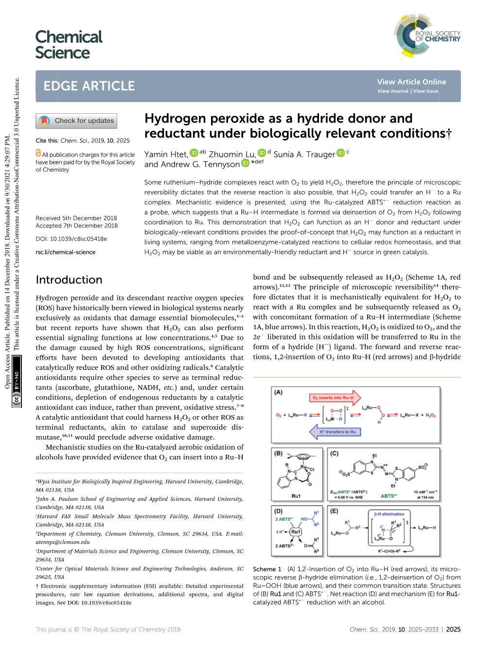 Hydrogen Peroxide As a Hydride Donor and Reductant Under Biologically Relevant Conditions† Cite This: Chem