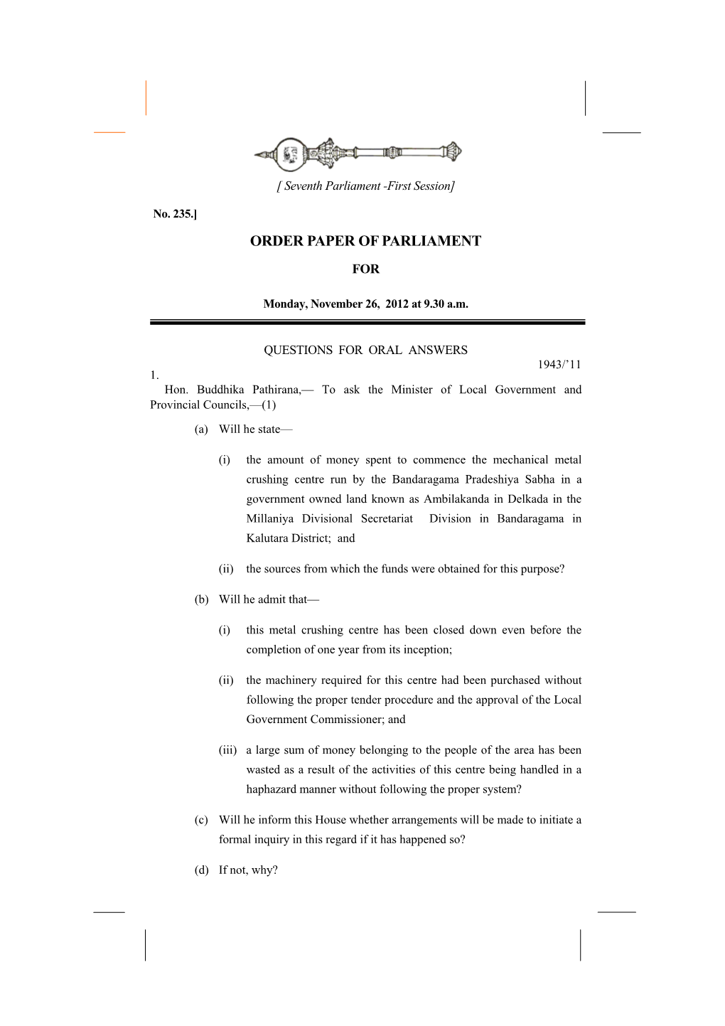 Order Paper of Parliament