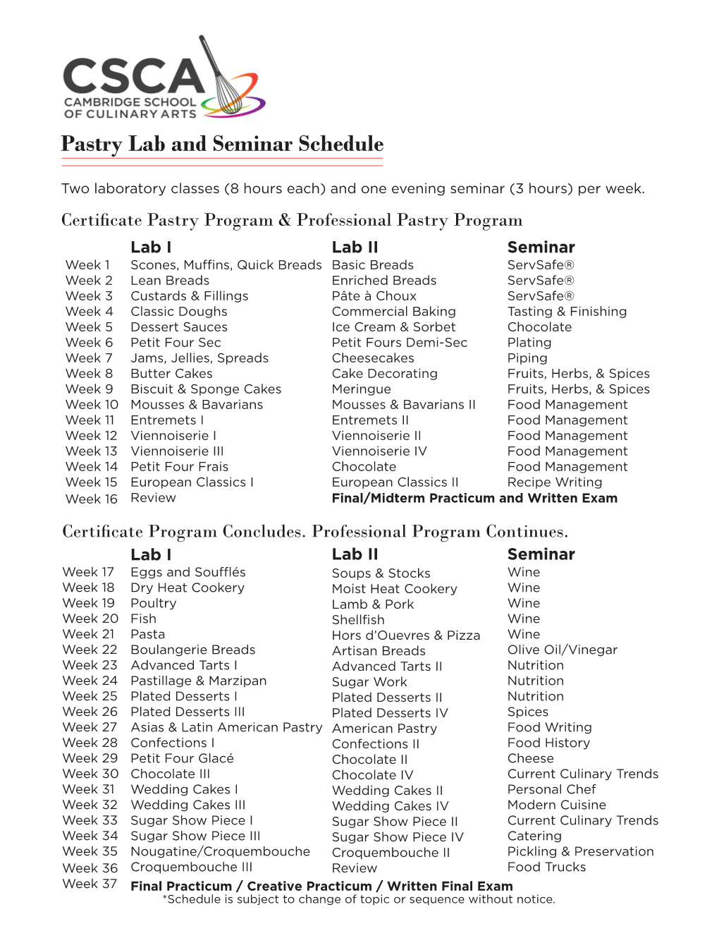 Pastry Lab and Seminar Schedule