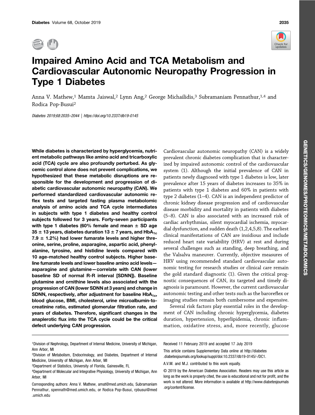 Impaired Amino Acid and TCA Metabolism and Cardiovascular Autonomic Neuropathy Progression in Type 1 Diabetes