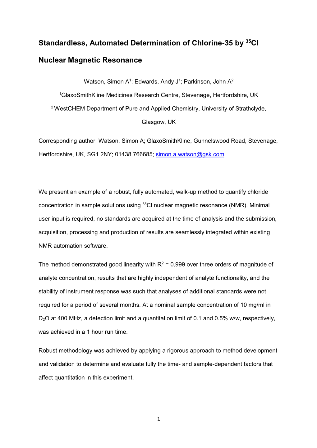 Standardless, Automated Determination of Chlorine-35 by 35Cl Nuclear Magnetic Resonance