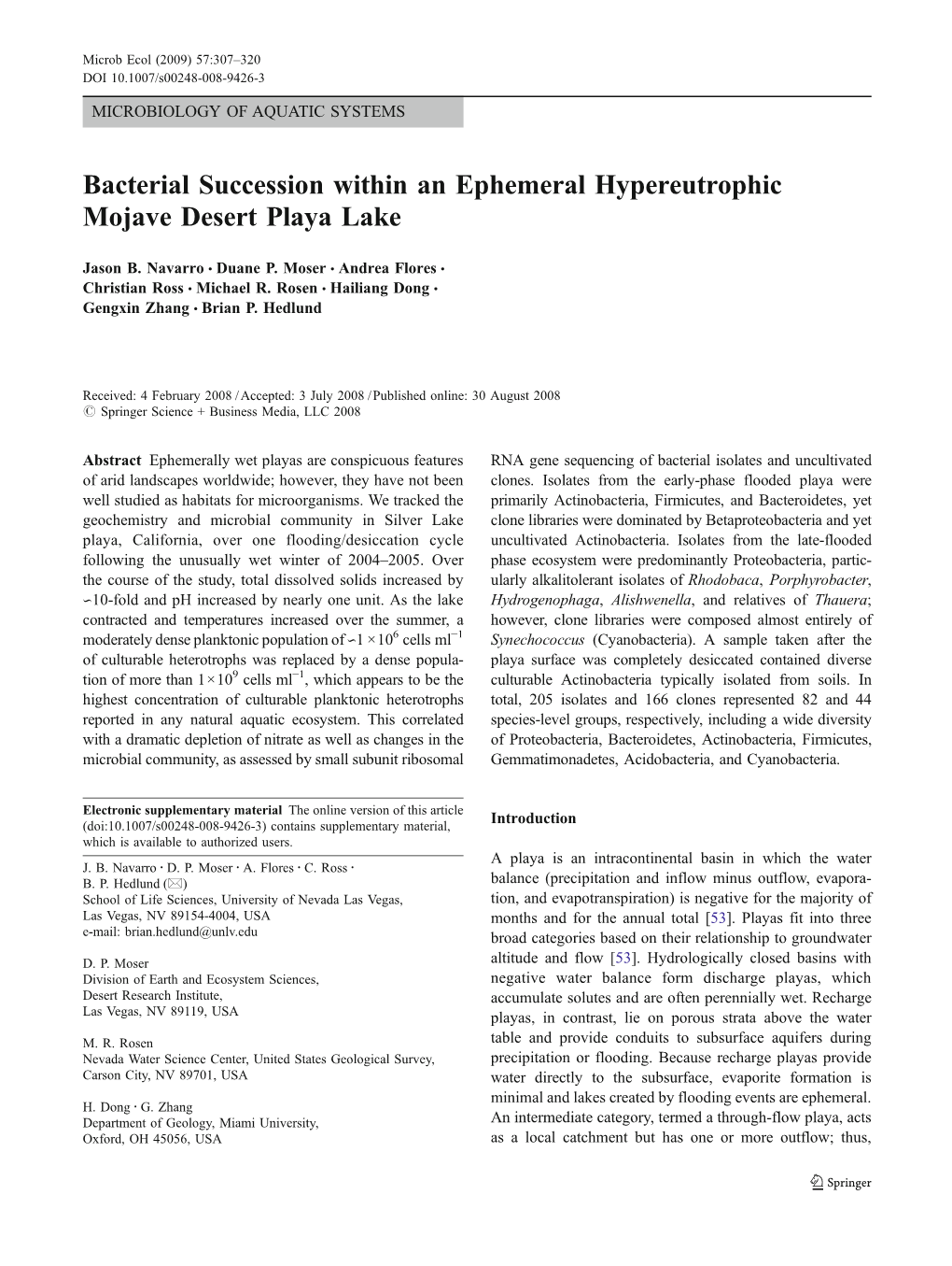 Bacterial Succession Within an Ephemeral Hypereutrophic Mojave Desert Playa Lake