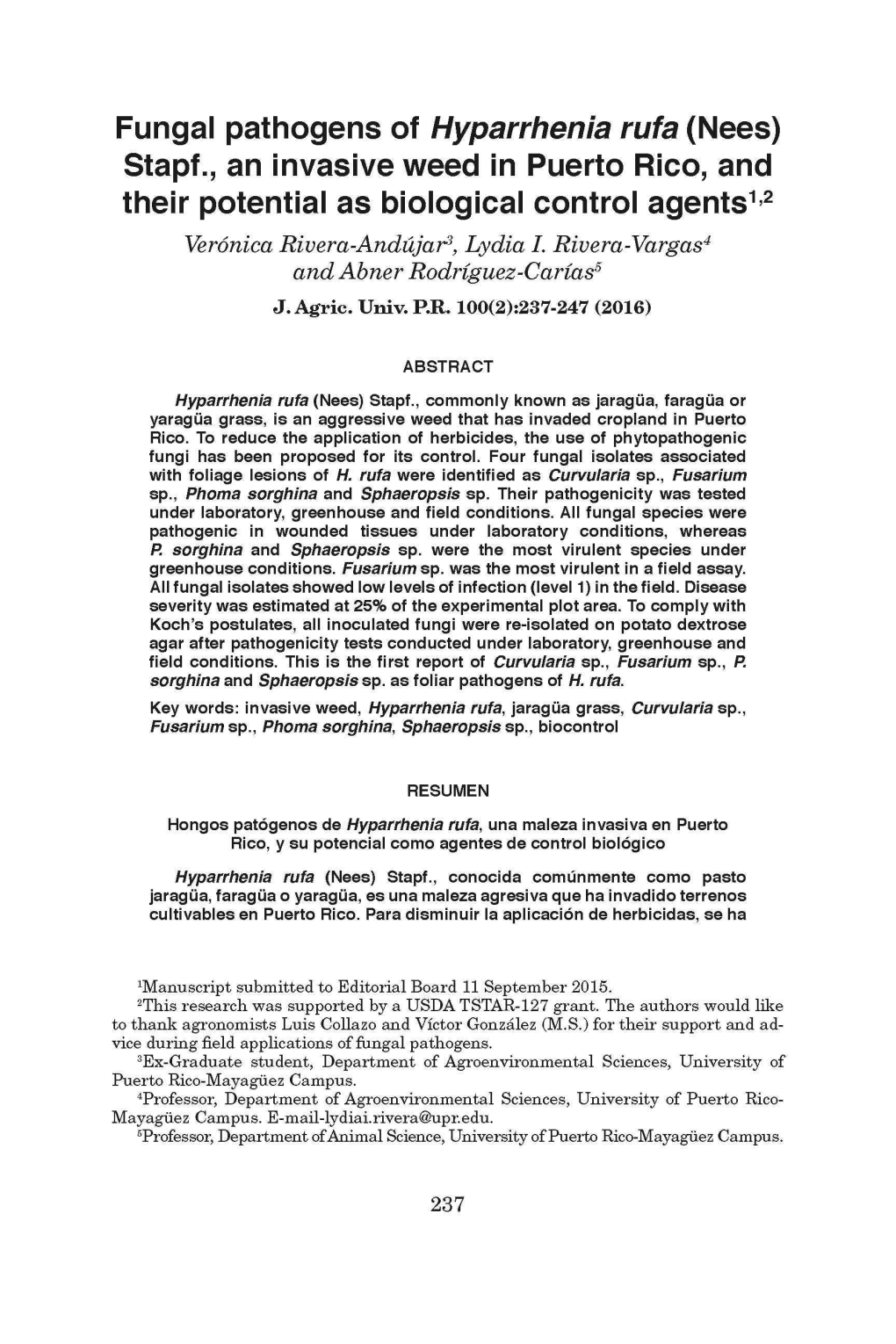 Fungal Pathogens of Hyparrhenia Rufa (Nees)