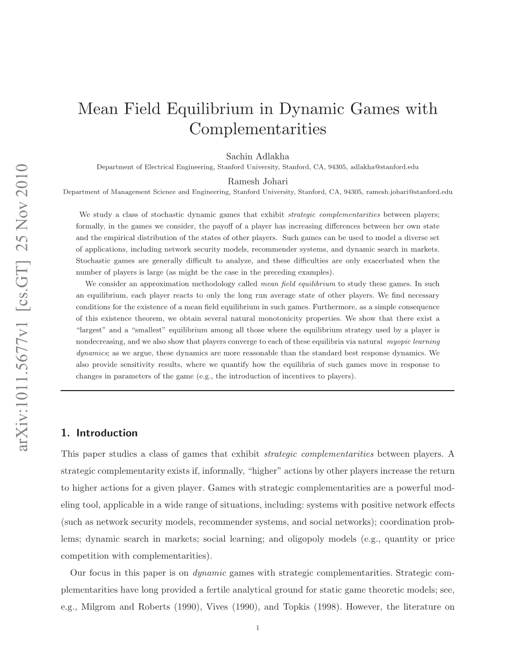 Mean Field Equilibrium in Dynamic Games with Complementarities