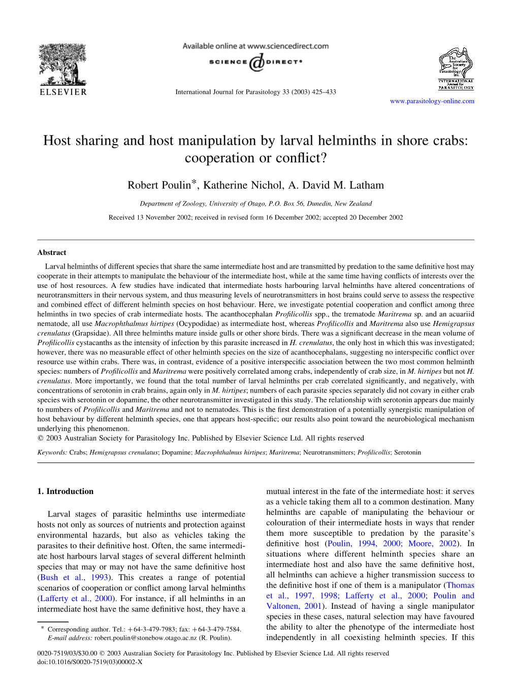 Host Sharing and Host Manipulation by Larval Helminths in Shore Crabs: Cooperation Or Conﬂict?