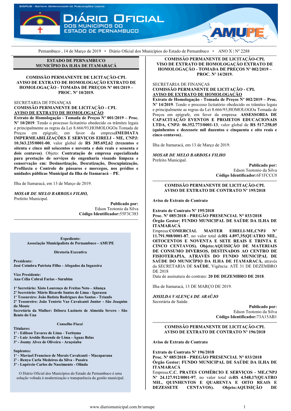 Pernambuco , 14 De Março De 2019 • Diário Oficial Dos Municípios Do Estado De Pernambuco • ANO X | Nº 2288