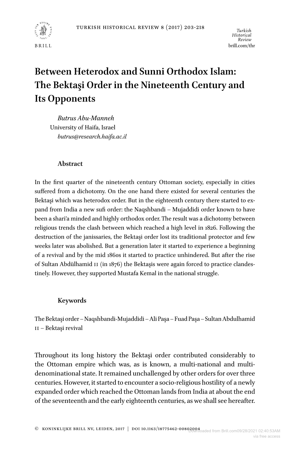 Between Heterodox and Sunni Orthodox Islam: the Bektaşi Order in the Nineteenth Century and Its Opponents