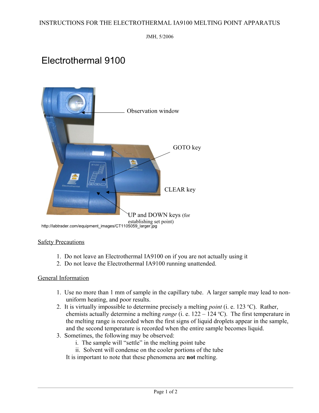 Instructions for the Electrothermal Ia9100 Melting Point Apparatus