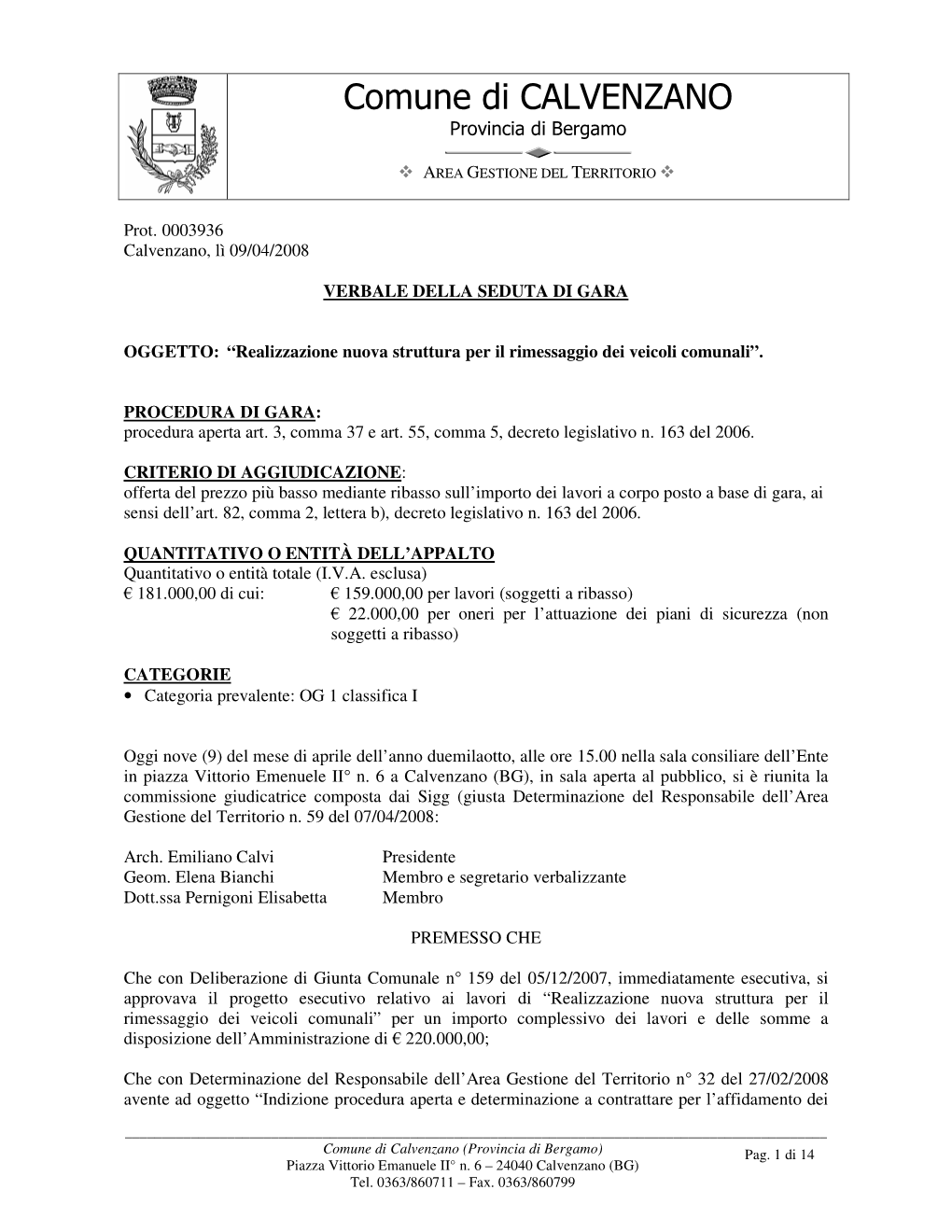 Comune Di CALVENZANO Provincia Di Bergamo