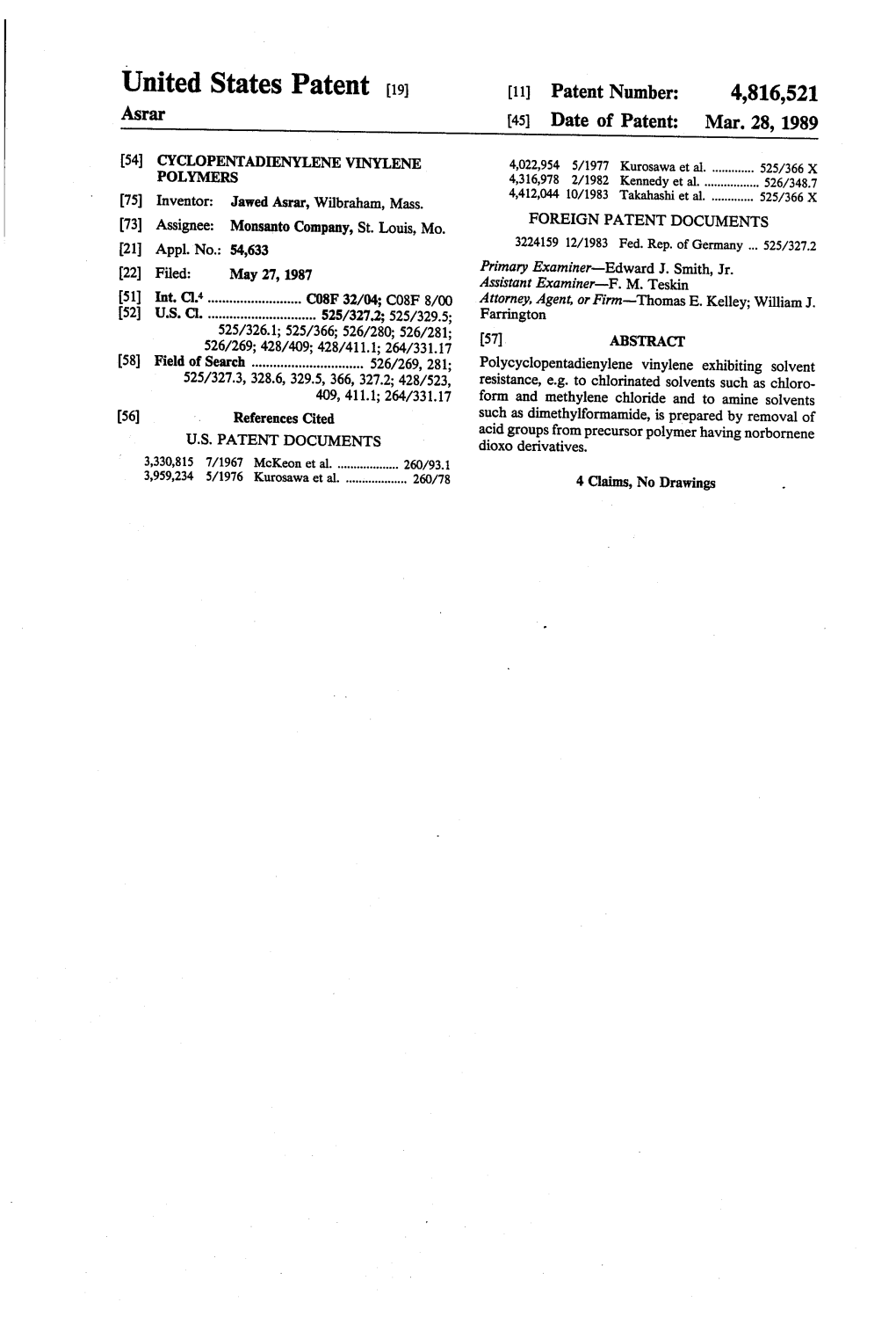 Unlted States Patent [19] [11] Patent Number: 4,816,521 Asrar [45] Date of Patent: Mar