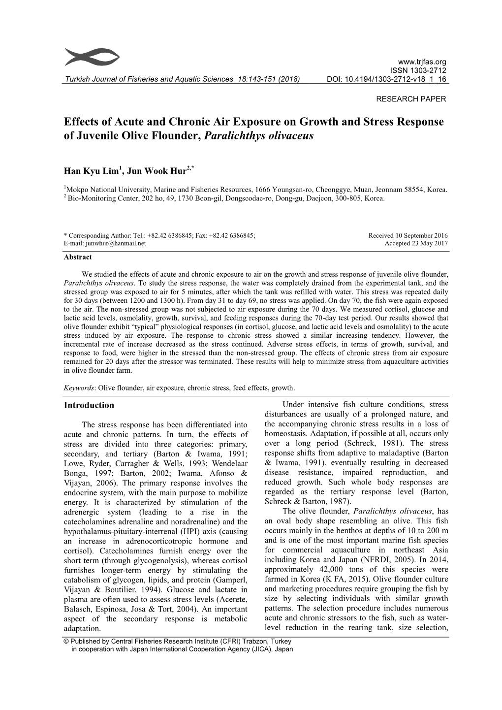 Effects of Acute and Chronic Air Exposure on Growth and Stress Response of Juvenile Olive Flounder, Paralichthys Olivaceus