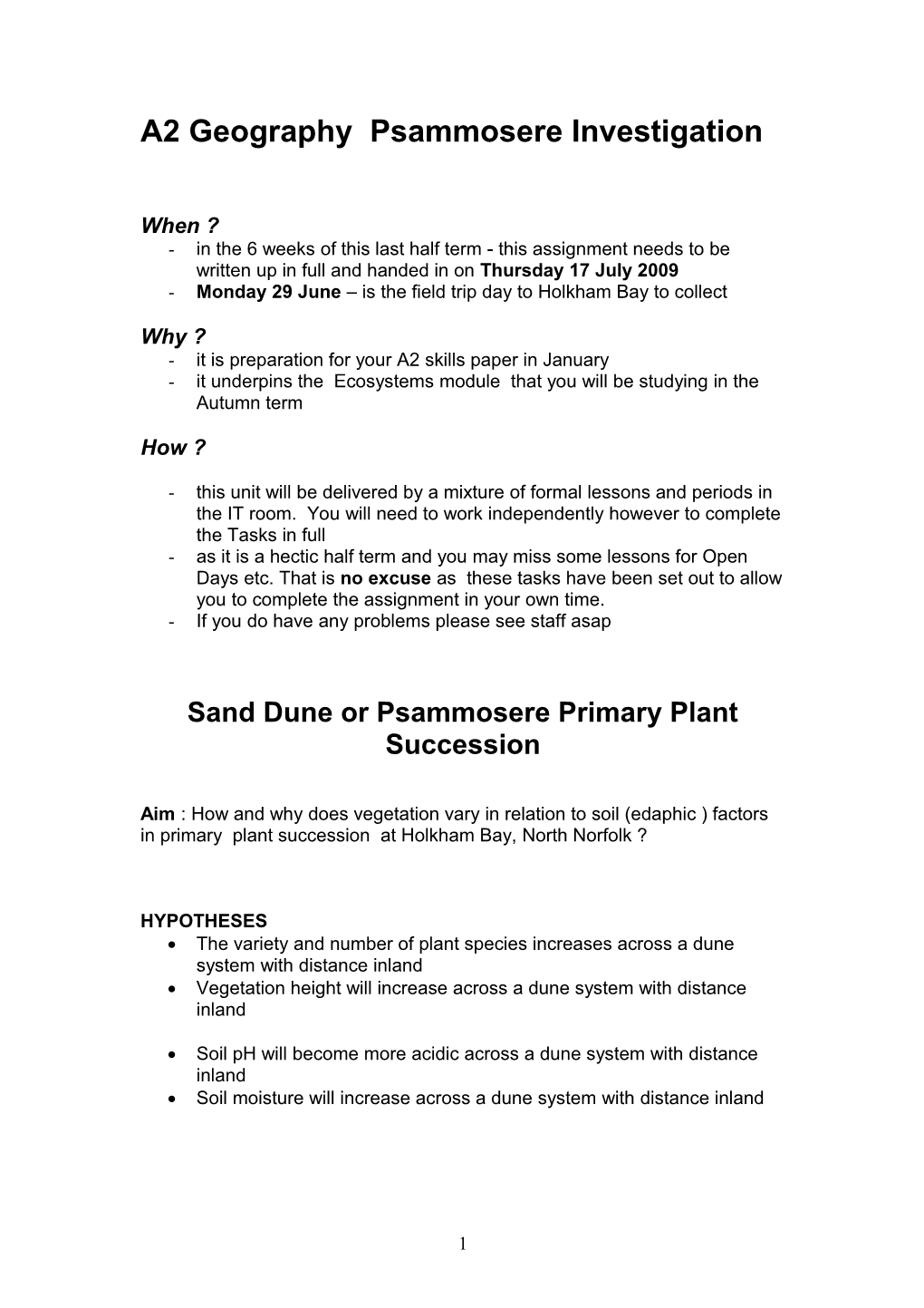 A2 Geography Psammosere Investigation