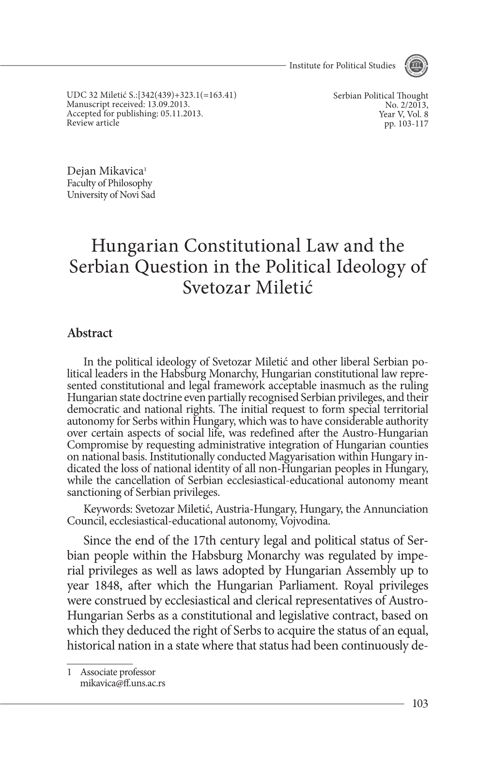 Hungarian Constitutional Law and the Serbian Question in the Political Ideology of Svetozar Miletić