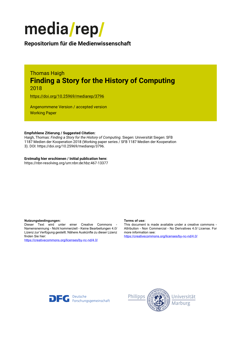 Finding a Story for the History of Computing 2018