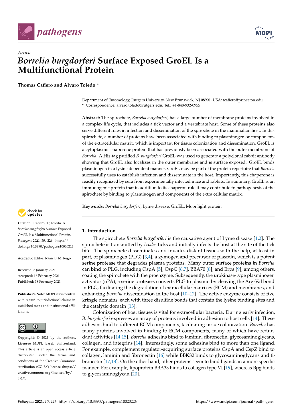 Borrelia Burgdorferi Surface Exposed Groel Is a Multifunctional Protein