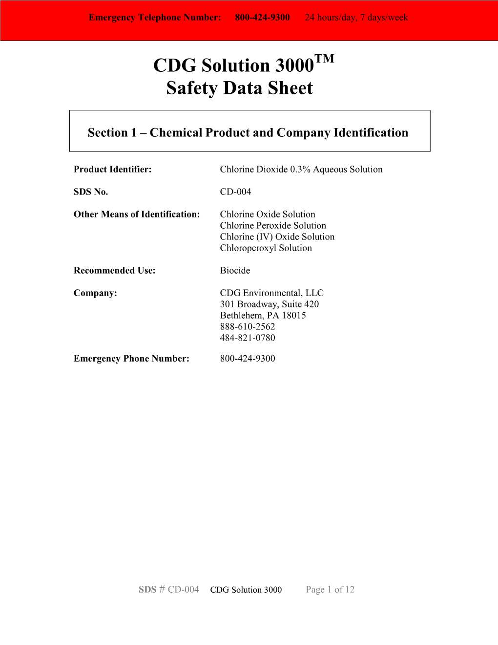 CDG Solution 3000TM Safety Data Sheet