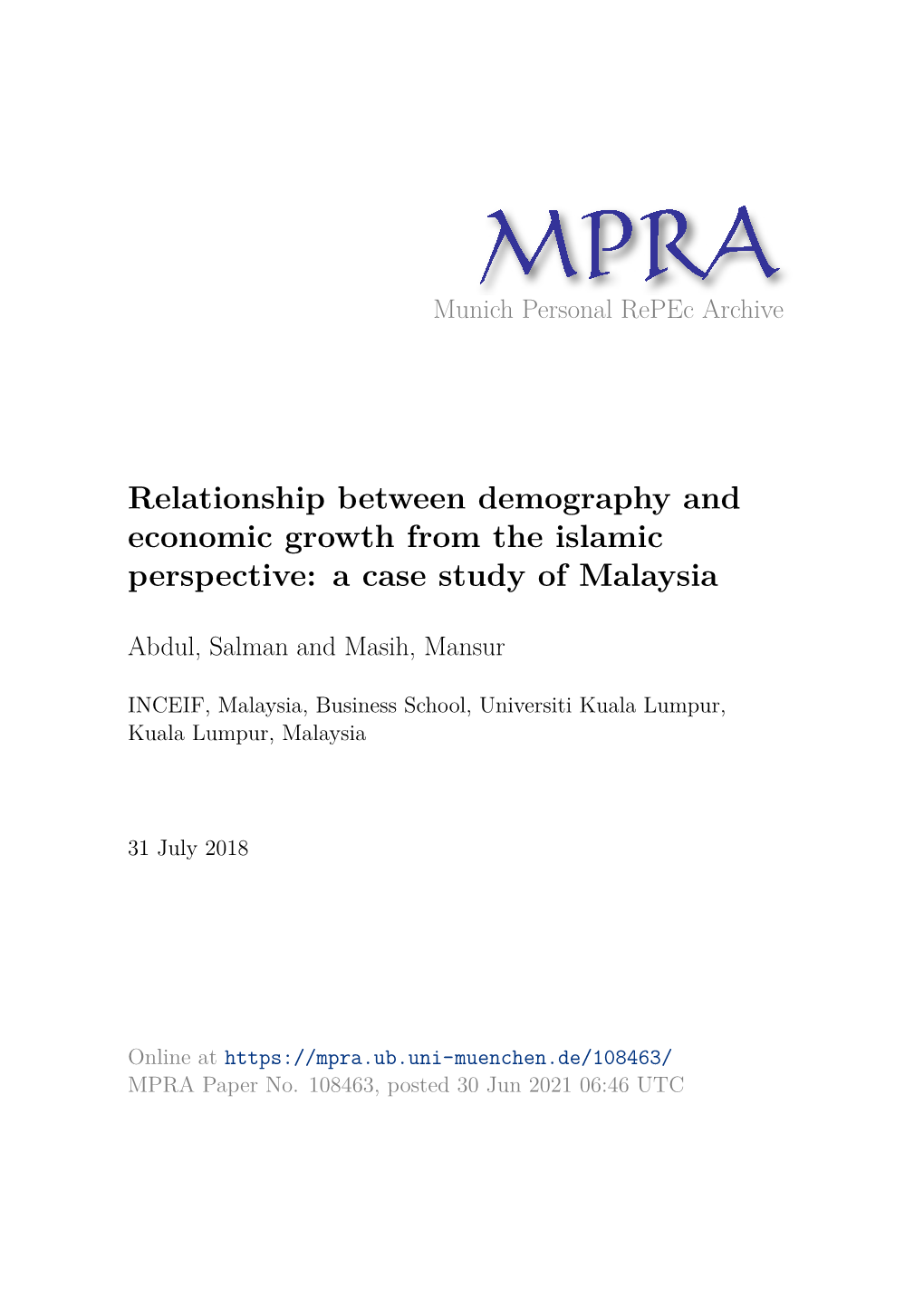 Relationship Between Demography and Economic Growth from the Islamic Perspective: a Case Study of Malaysia