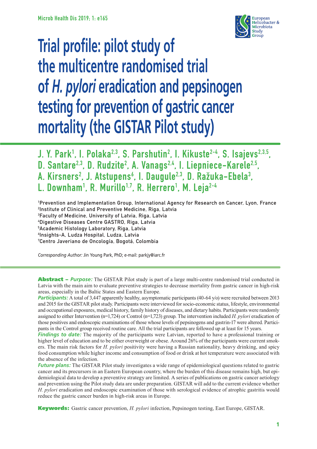 Pilot Study of the Multicentre Randomised Trial of H. Pylori Eradication and Pepsinogen Testing for Prevention of Gastric Cancer Mortality (The GISTAR Pilot Study)