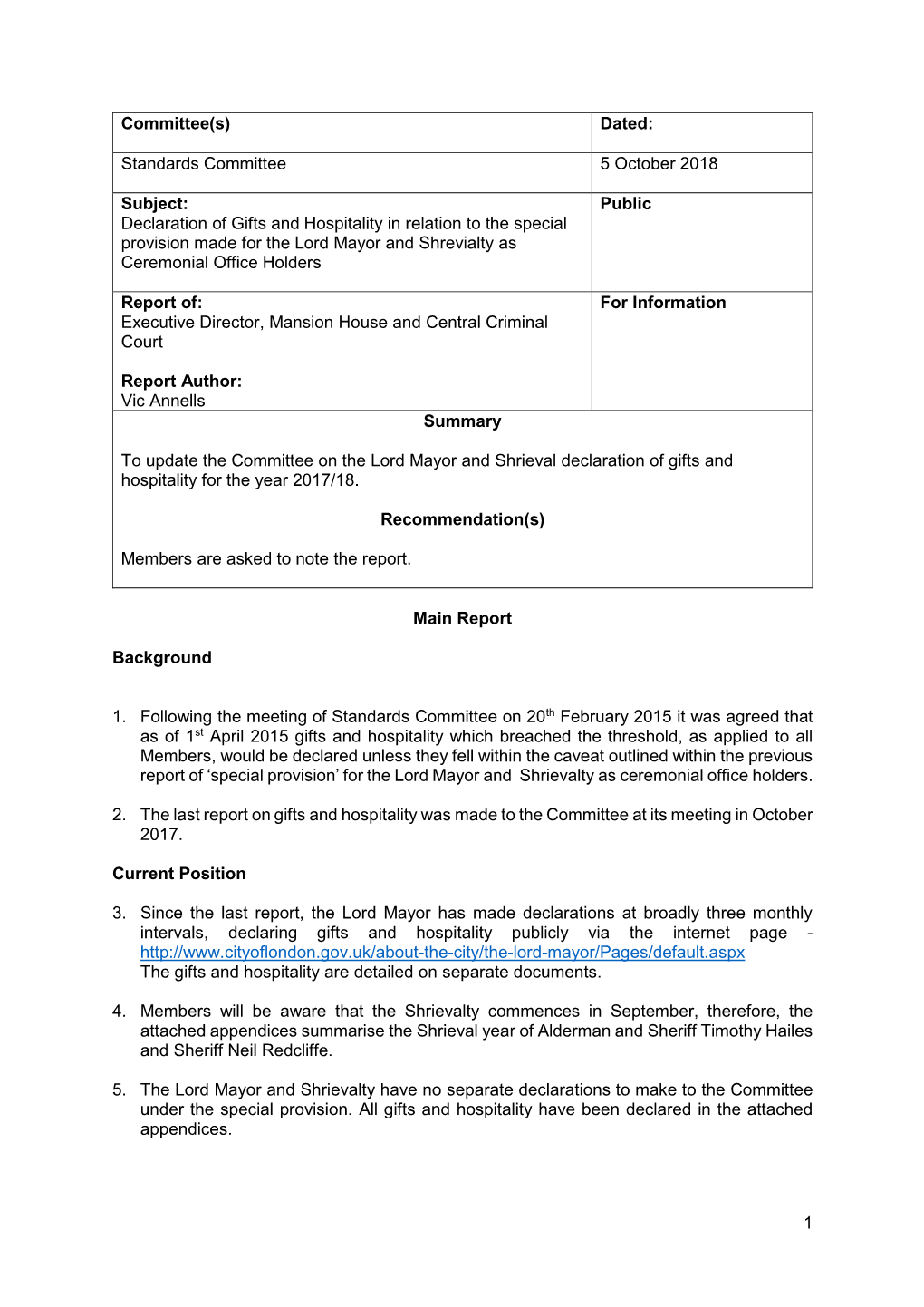 1 Committee(S) Dated: Standards Committee 5 October 2018 Subject: Declaration of Gifts and Hospitality in Relation to the Specia