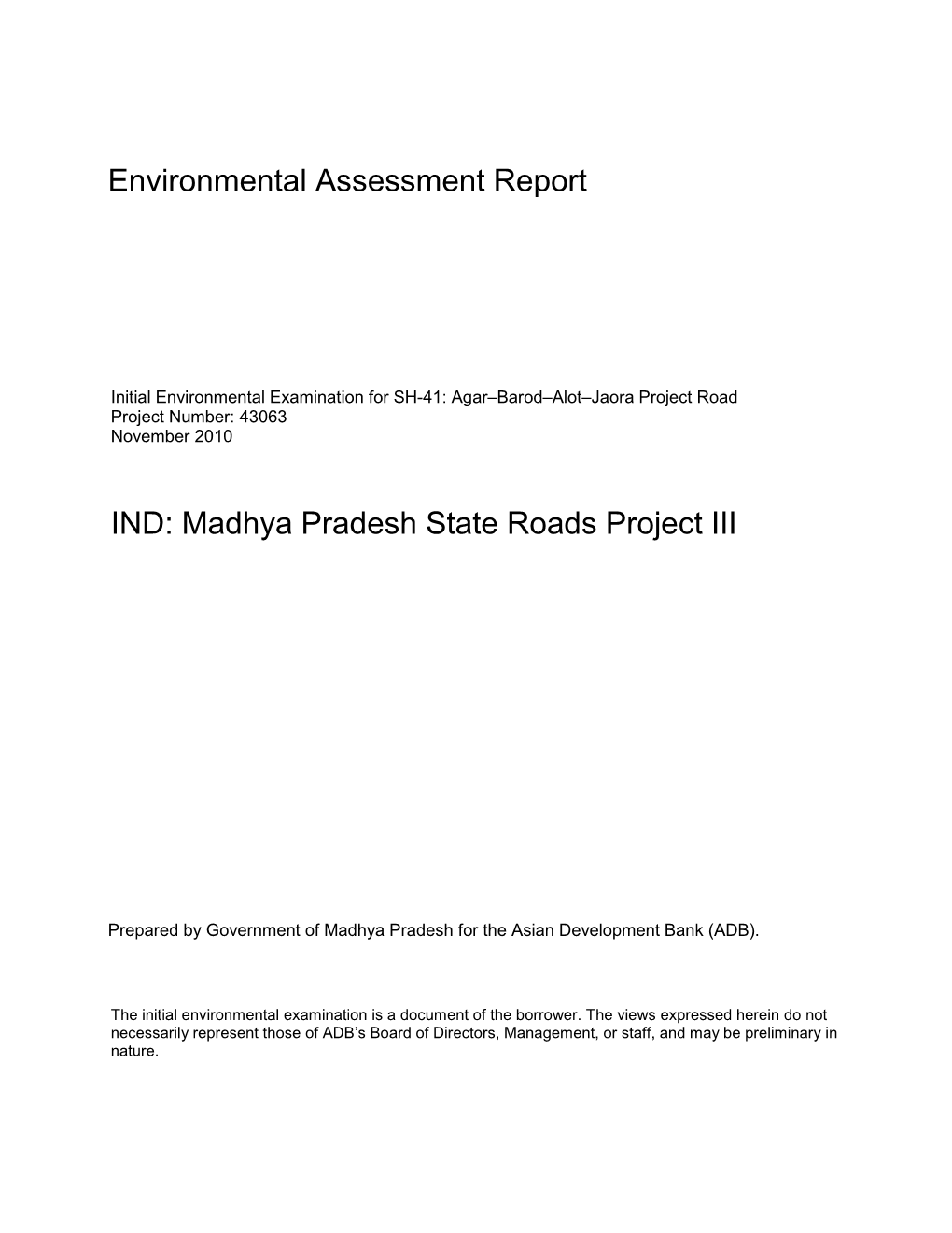 IEE: India: Initial Environmental Examination: India: Madhya