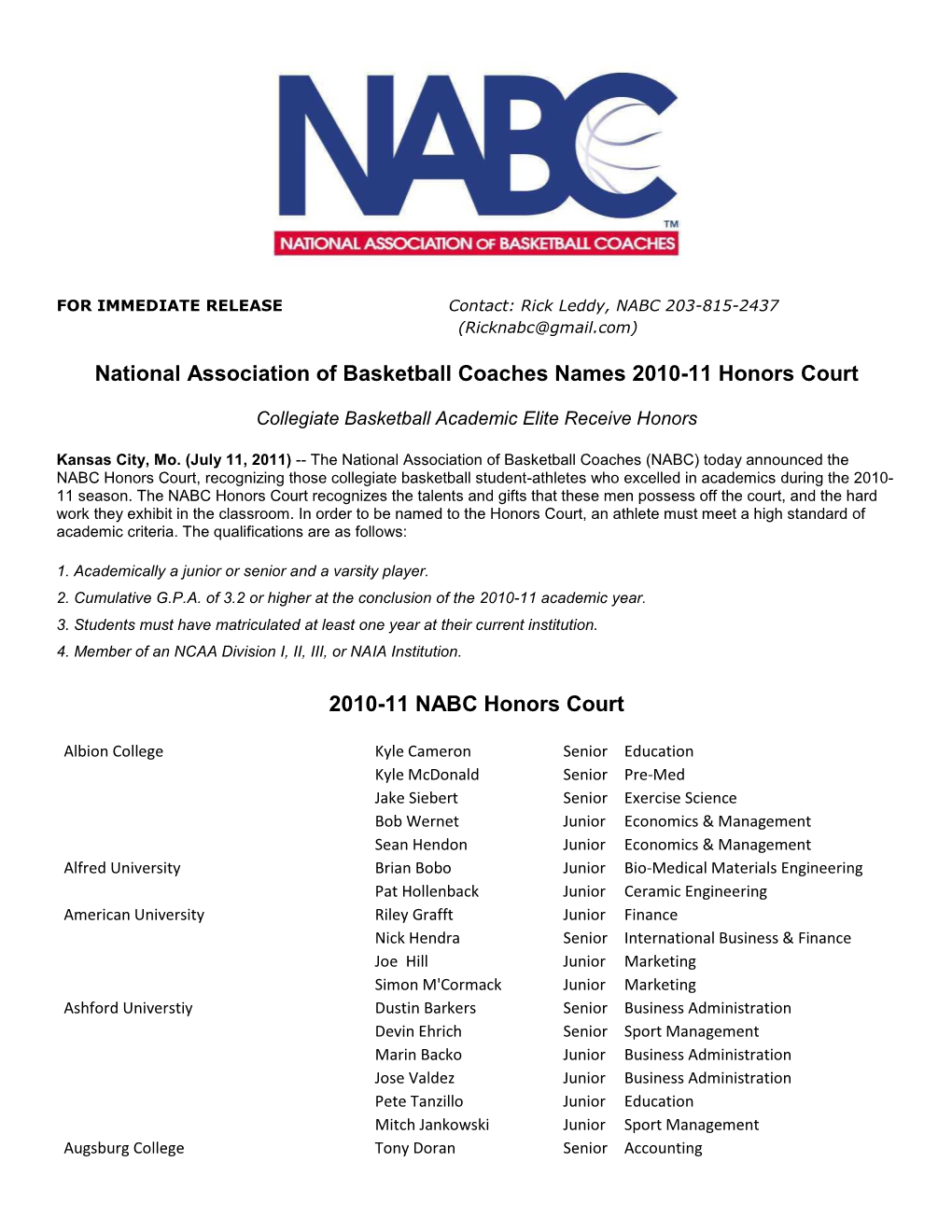 National Association of Basketball Coaches Names 2010-11 Honors Court