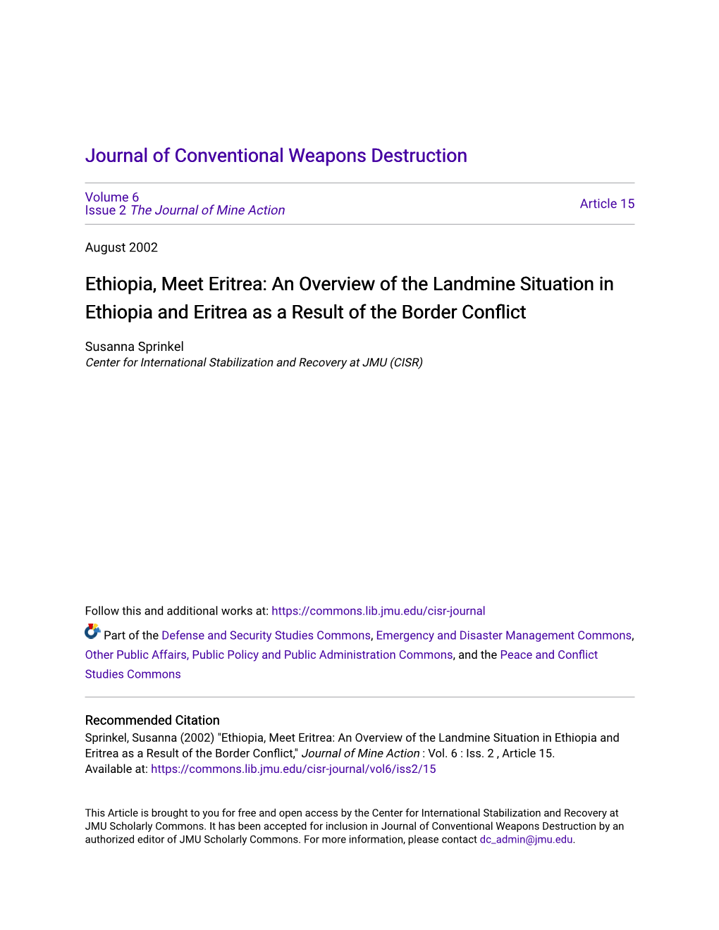 An Overview of the Landmine Situation in Ethiopia and Eritrea As a Result of the Border Conflict