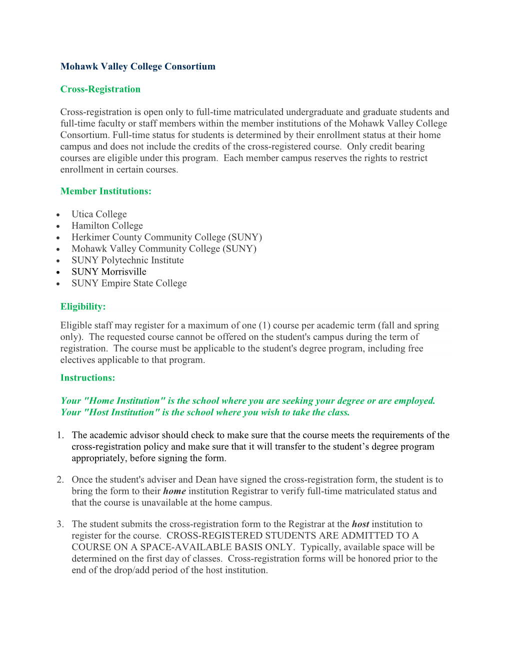 Mohawk Valley College Consortium Cross-Registration Cross