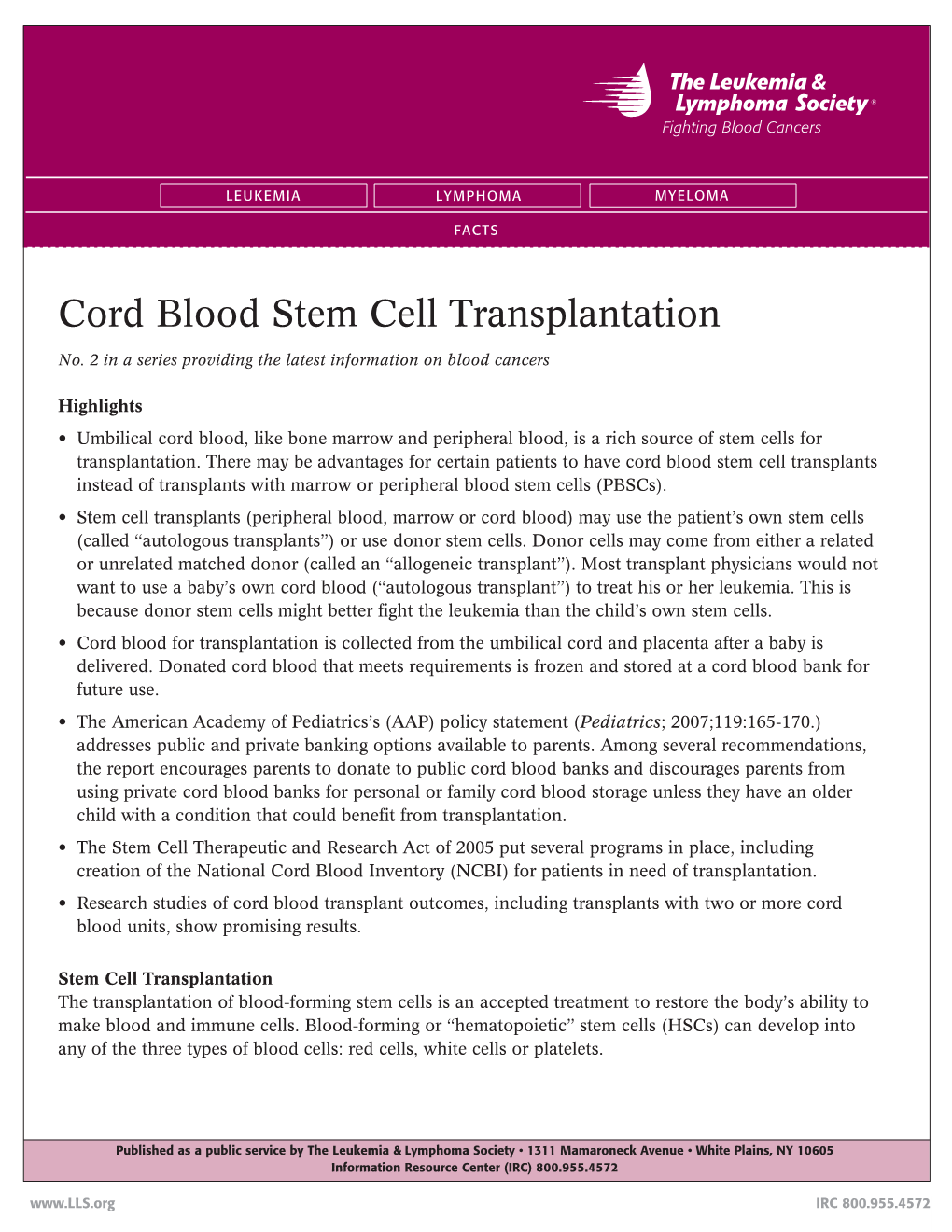 Cord Blood Stem Cell Transplantation