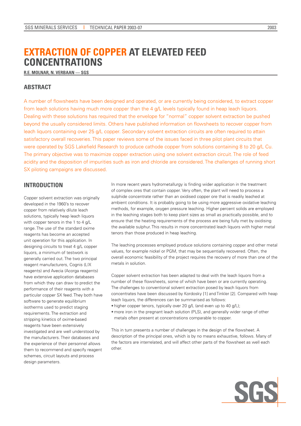 Extraction of Copper at Elevated Feed Concentrations R.E