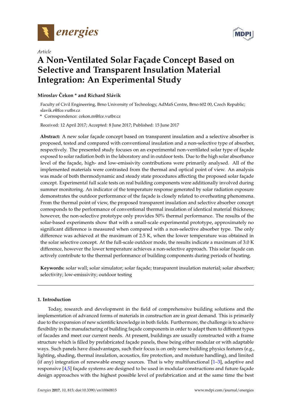 A Non-Ventilated Solar Façade Concept Based on Selective and Transparent Insulation Material Integration: an Experimental Study