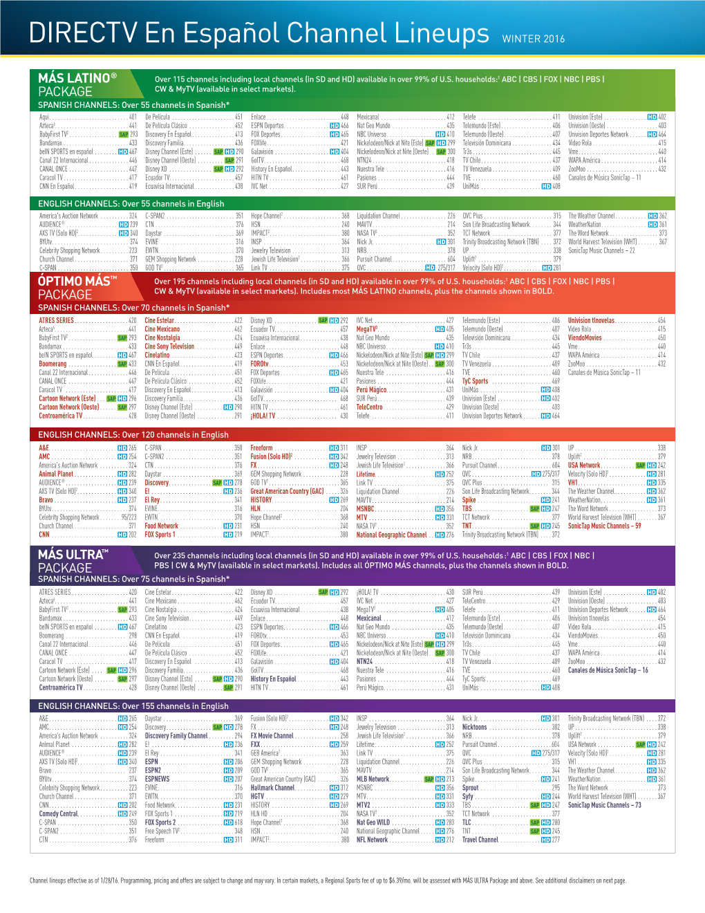 DIRECTV En Español Channel Lineups WINTER 2016