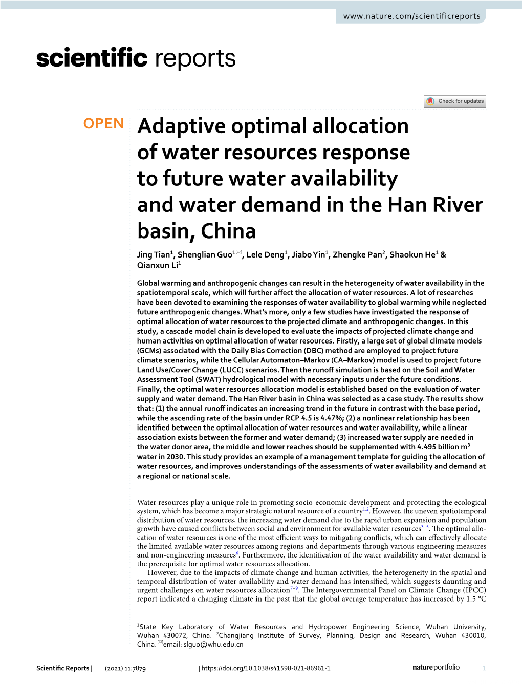 Adaptive Optimal Allocation of Water Resources Response to Future Water
