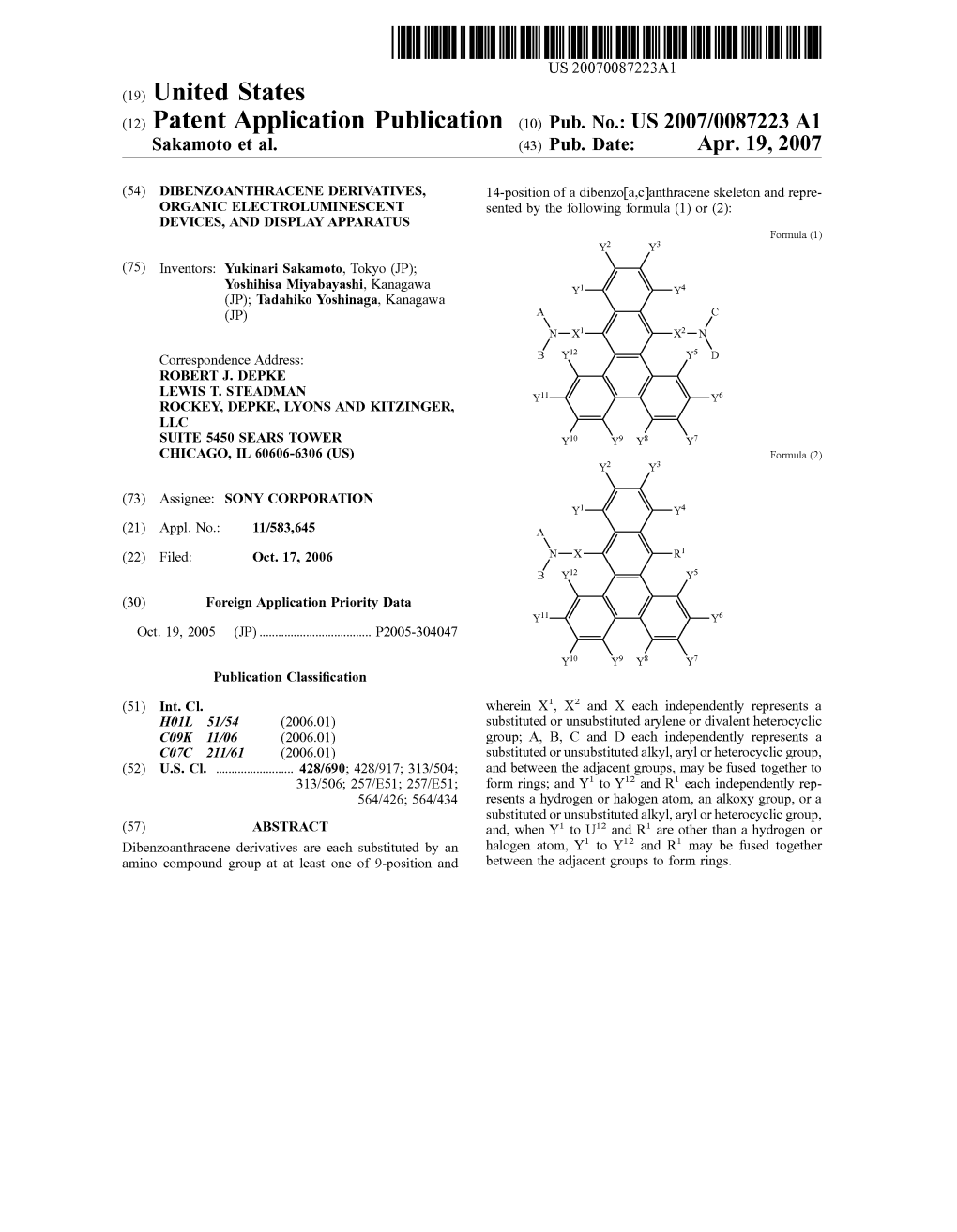 (12) Patent Application Publication (10) Pub. No.: US 2007/0087223 A1 Sakamoto Et Al