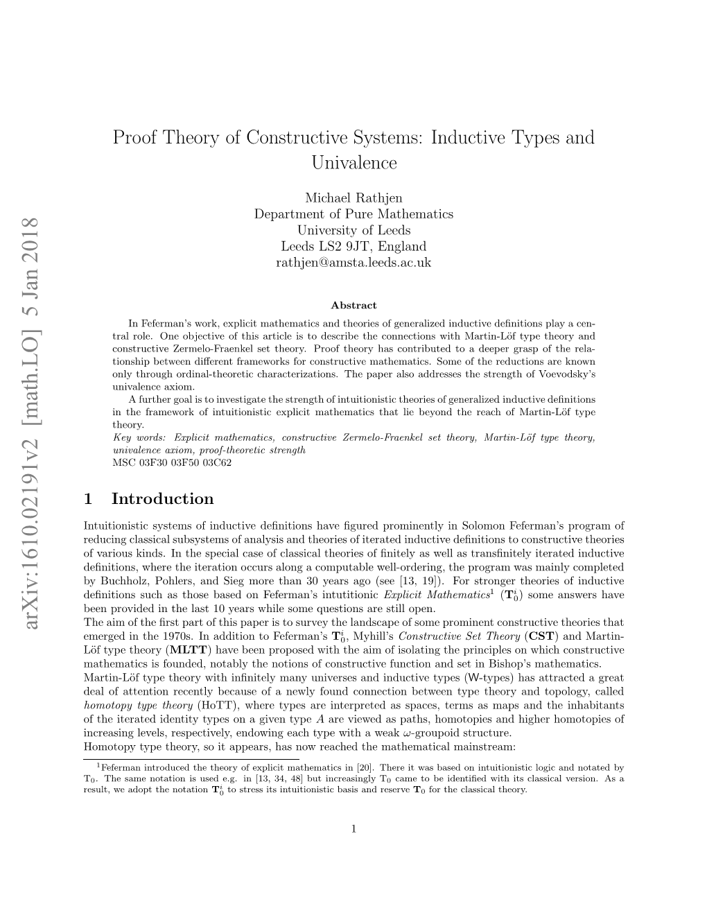 Proof Theory of Constructive Systems: Inductive Types and Univalence