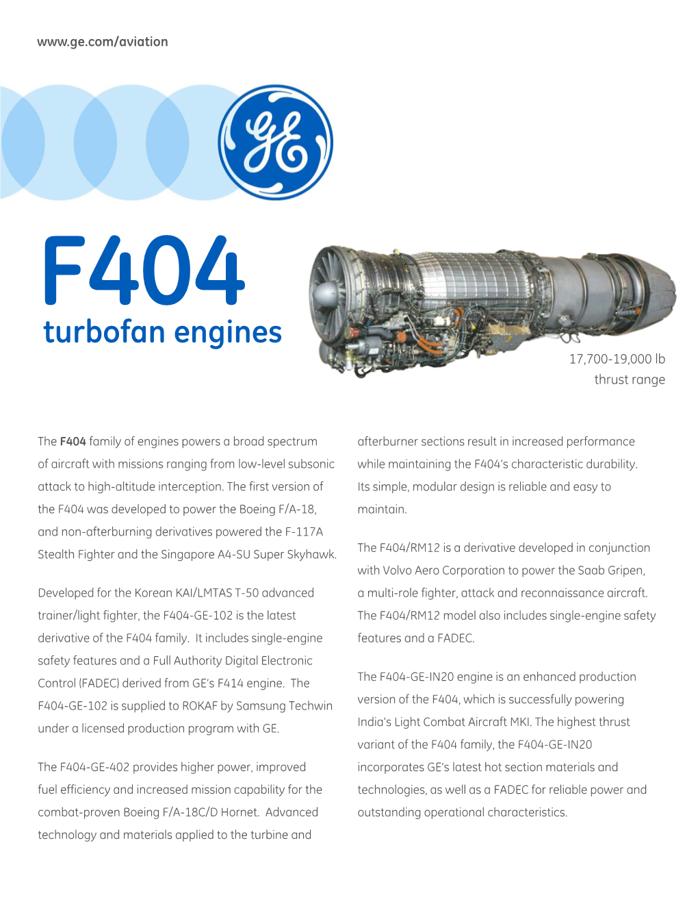 F404 Turbofan Engines 17,700-19,000 Lb Thrust Range