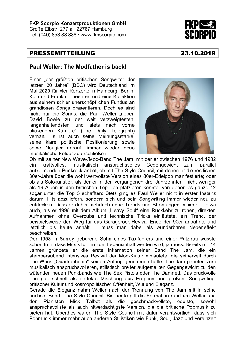 PRESSEMITTEILUNG 23.10.2019 Paul Weller: the Modfather Is Back!