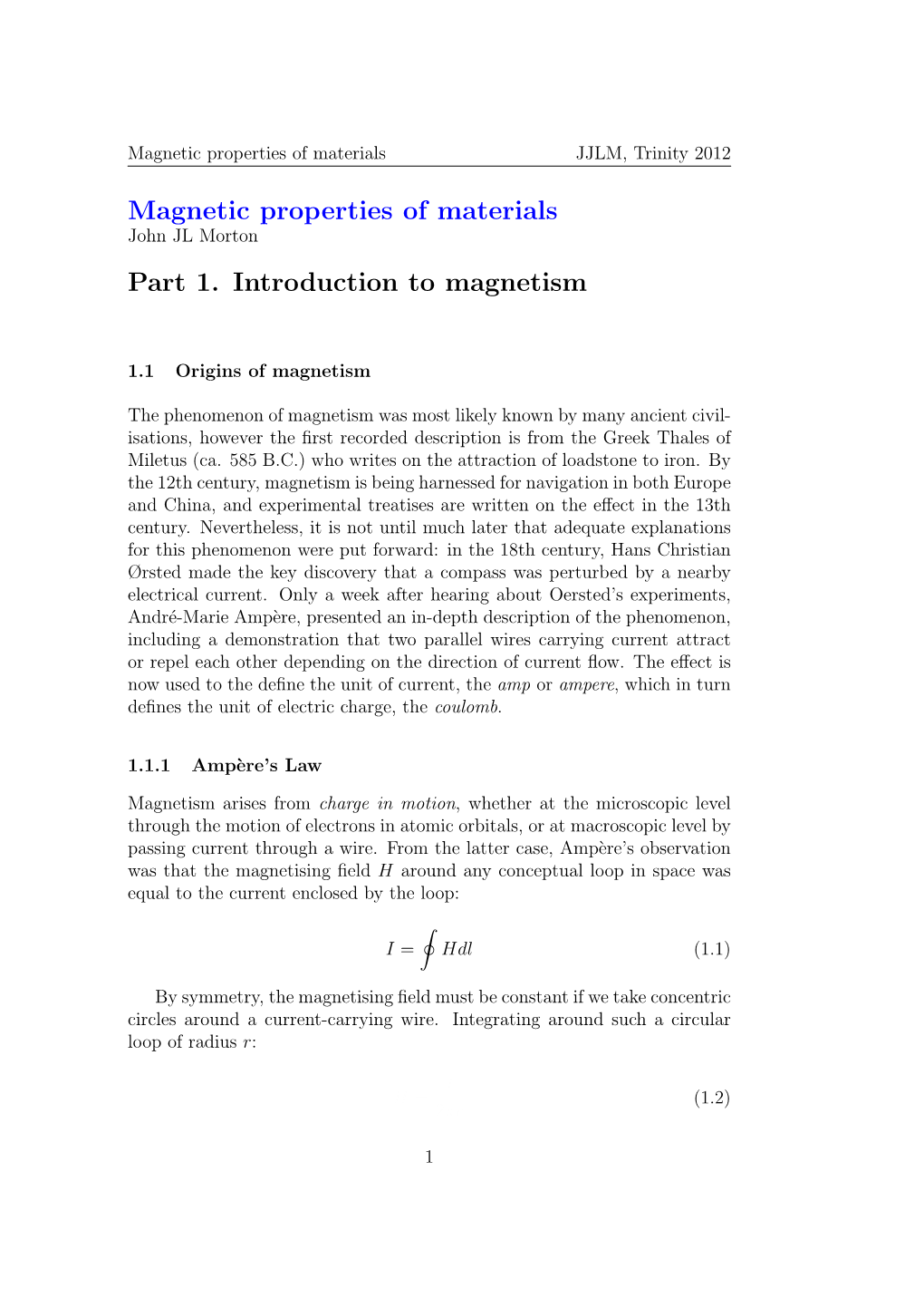 Magnetic Properties of Materials Part 1. Introduction to Magnetism