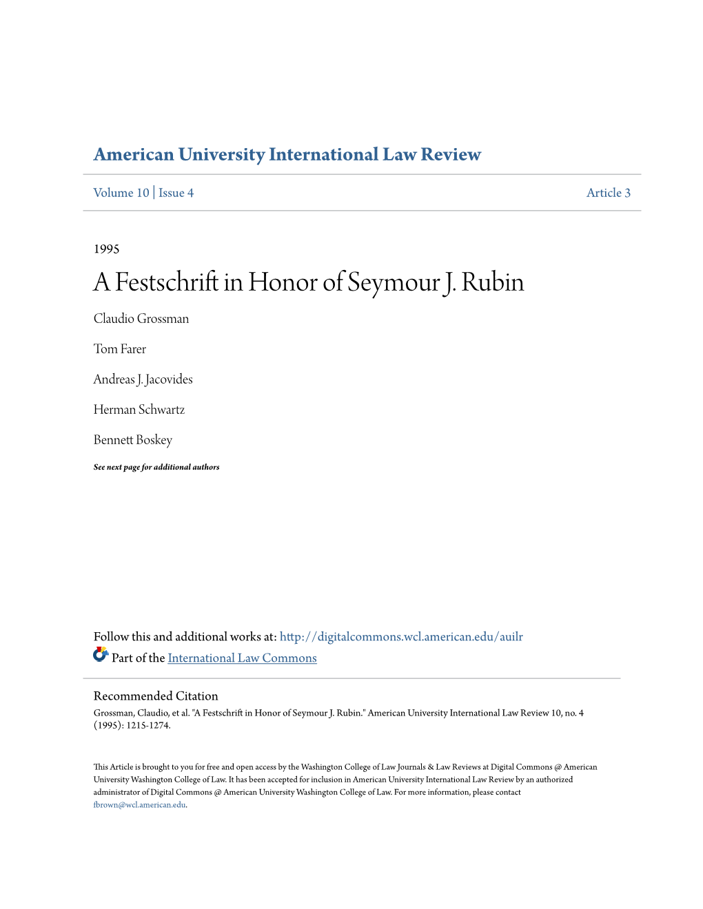 A Festschrift in Honor of Seymour J. Rubin