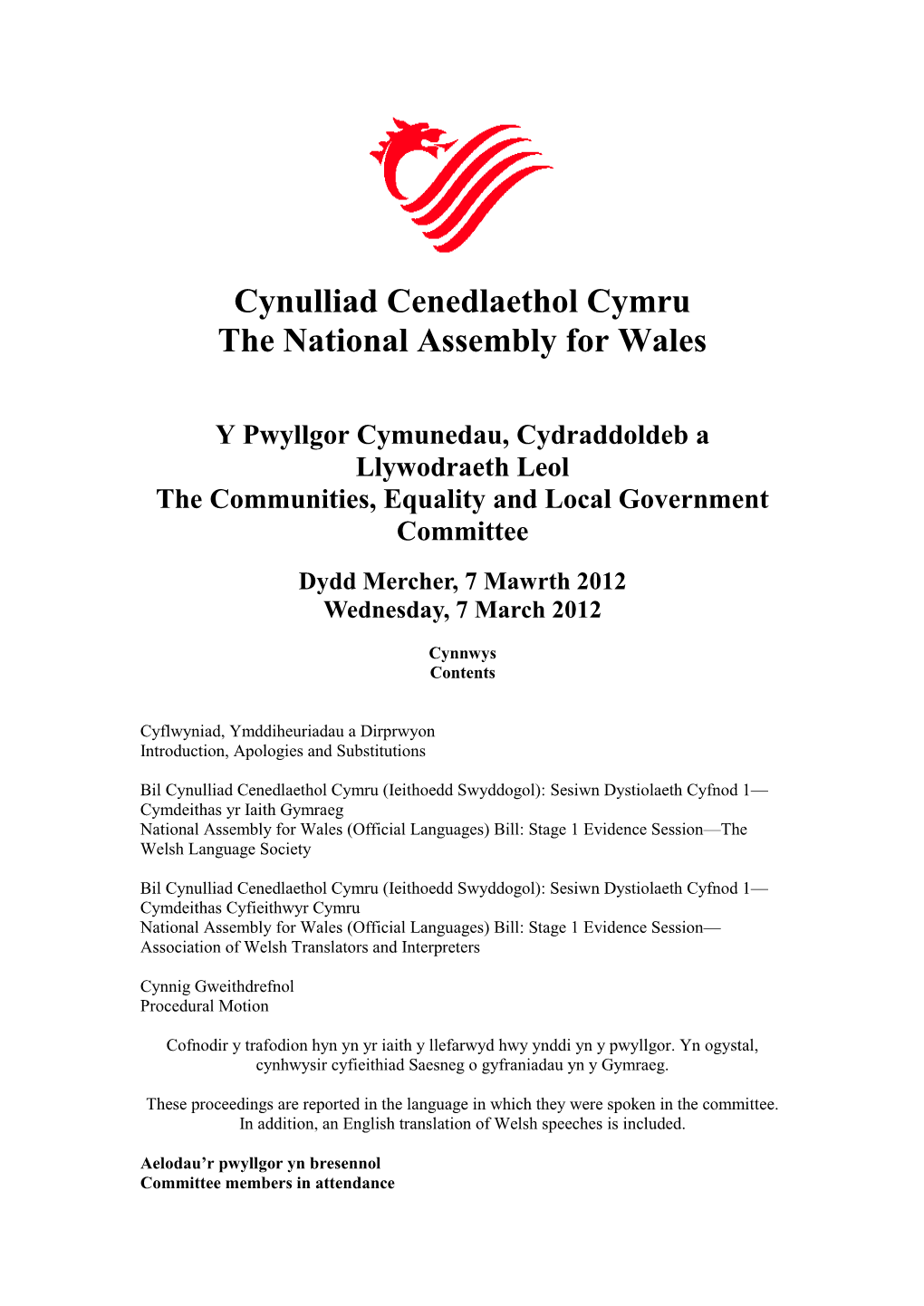 Cynulliad Cenedlaethol Cymru the National Assembly for Wales