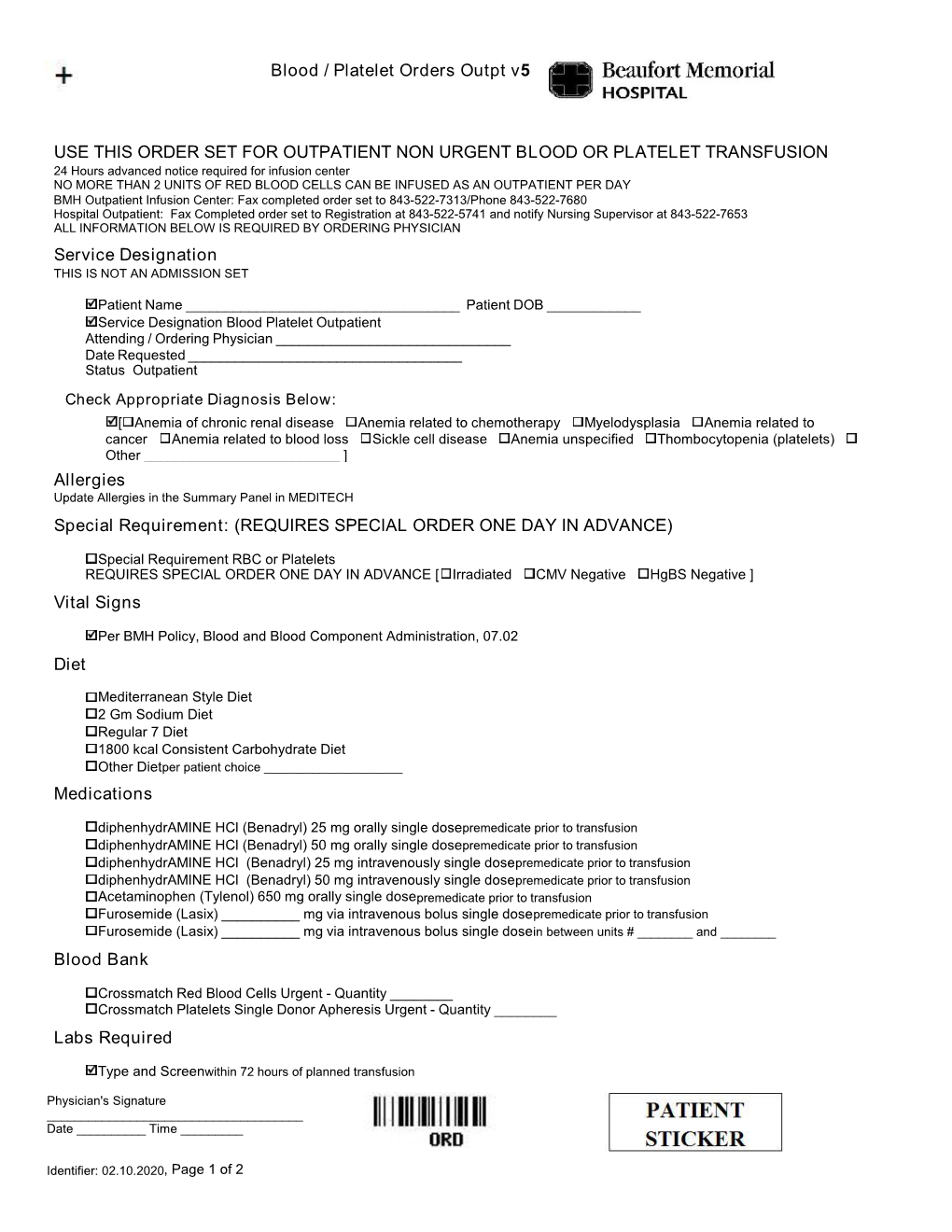 Outpatient Blood Platelet Orders