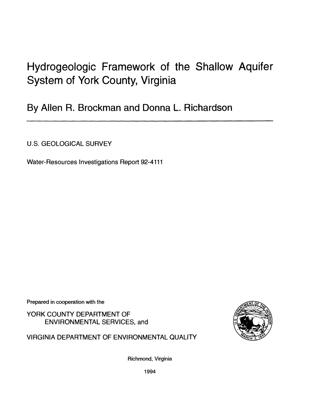 Hydrogeologic Framework of the Shallow Aquifer System of York County, Virginia