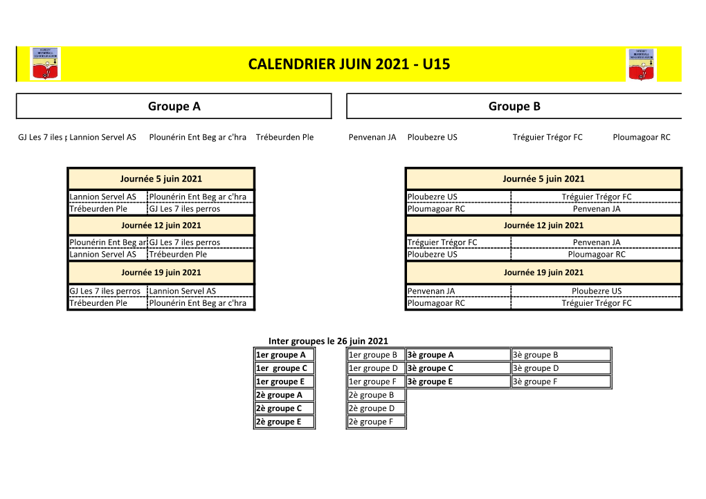 Calendrier Juin 2021 - U15