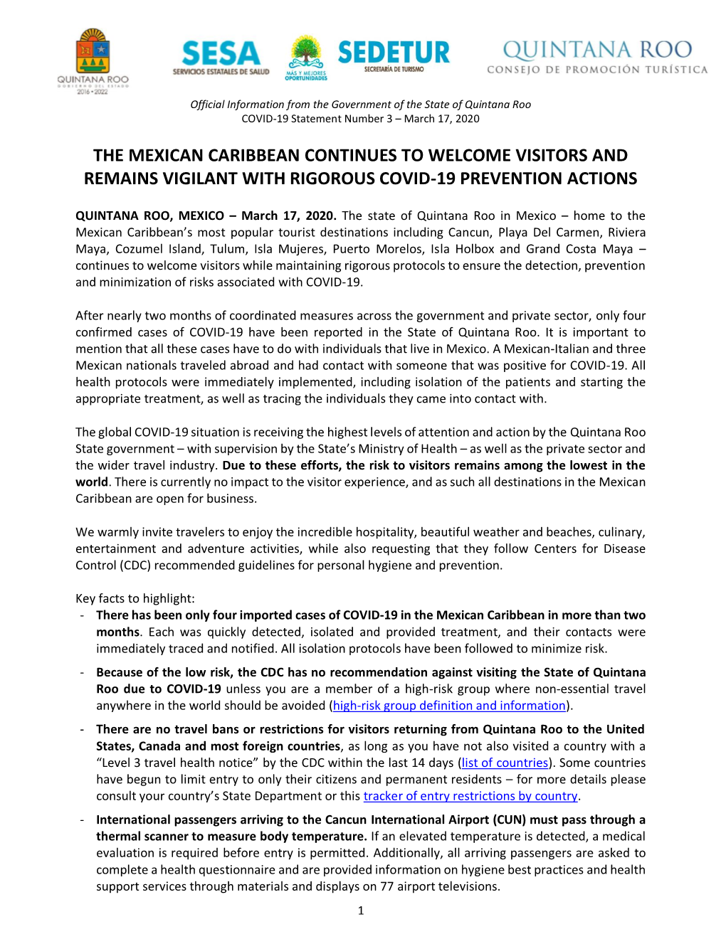 The Mexican Caribbean Continues to Welcome Visitors and Remains Vigilant with Rigorous Covid-19 Prevention Actions