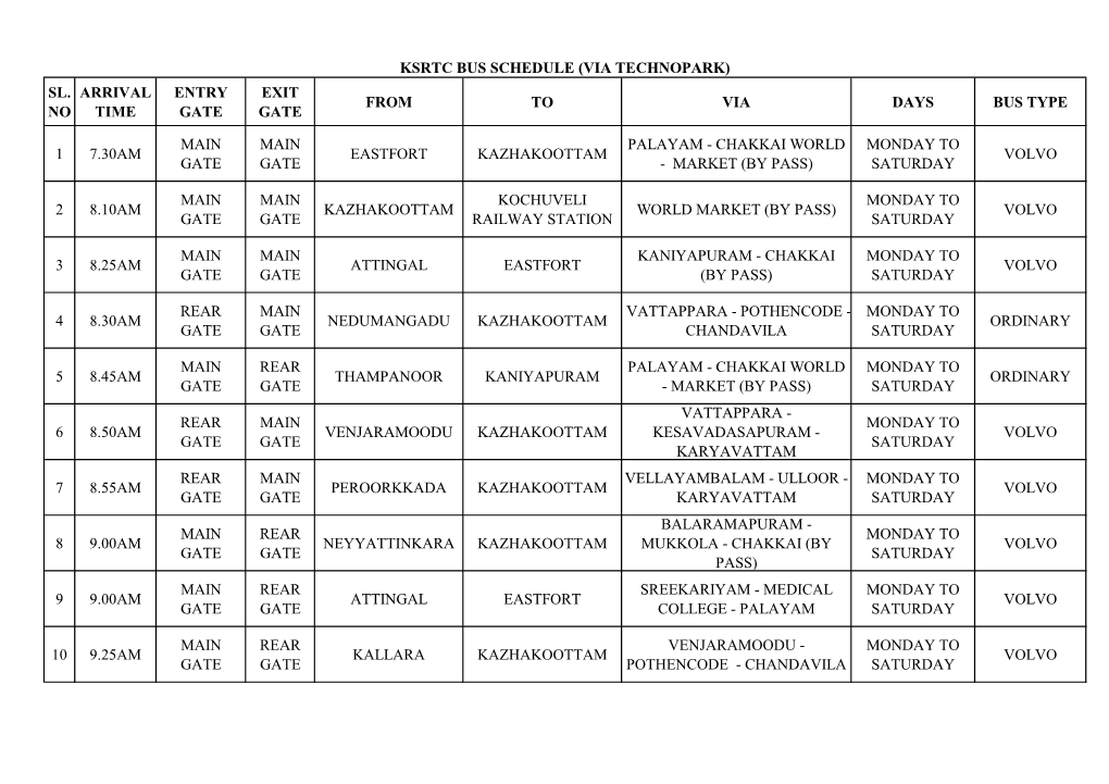 Ksrtc Bus Schedule (Via Technopark) Sl