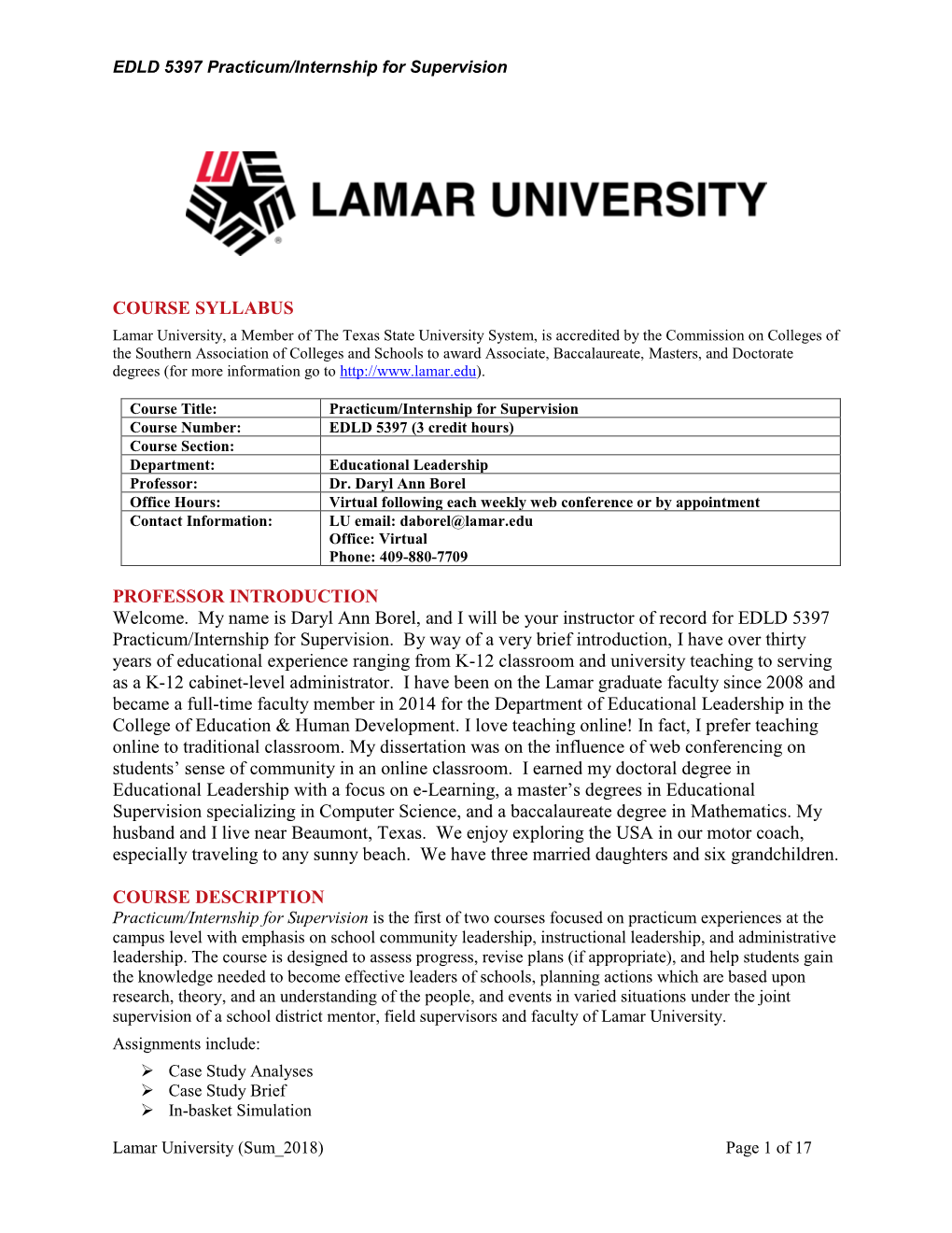 EDLD 5397 Practicum/Internship for Supervision Lamar University
